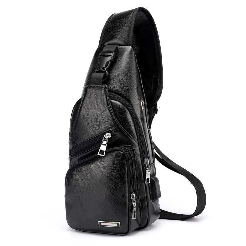 Black Men'S Leather Sling Bag Chest Shoulder Backpack Crossbody Bag