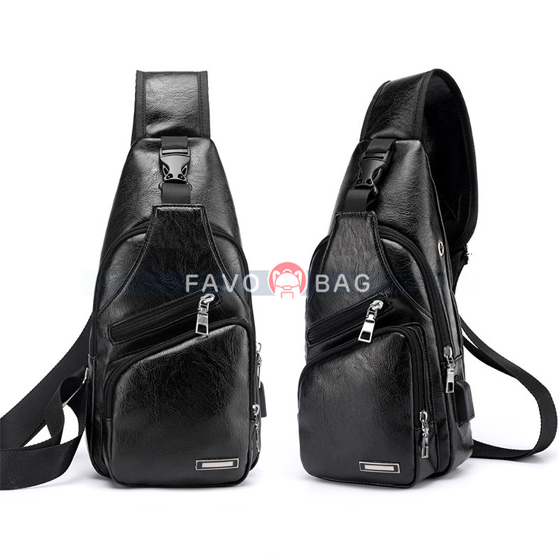 Black Men'S Leather Sling Bag Chest Shoulder Backpack Crossbody Bag