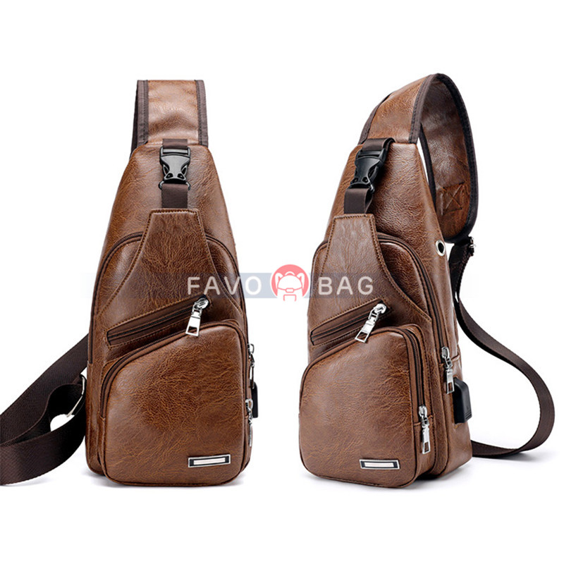 Light Brown Men'S Leather Sling Bag Chest Shoulder Backpack Crossbody Bag