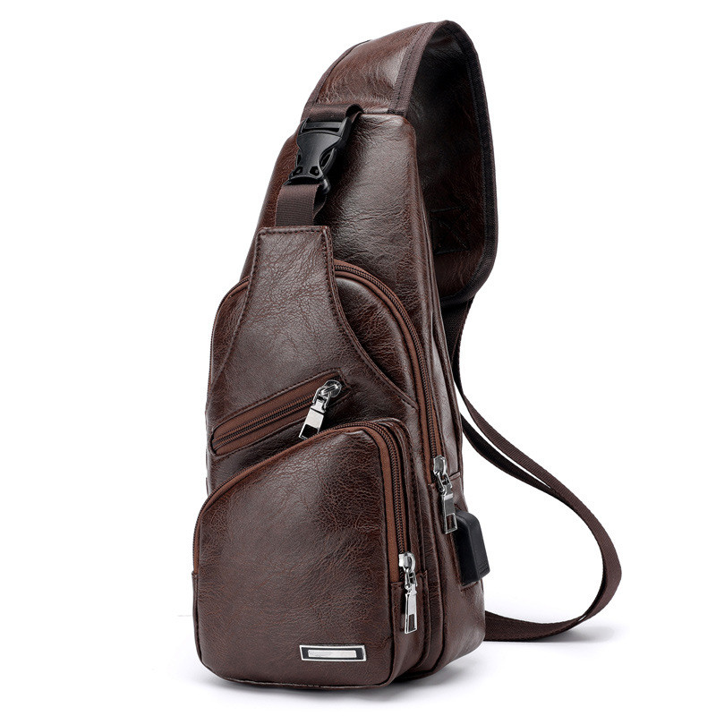 Dark Brown Men'S Leather Sling Bag Chest Shoulder Backpack Crossbody Bag