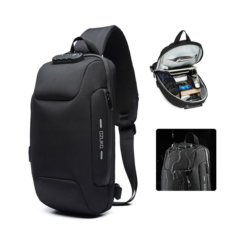 Black Sling Backpack Usb Anti-Theft Men'S Chest Bag Shoulder Bag