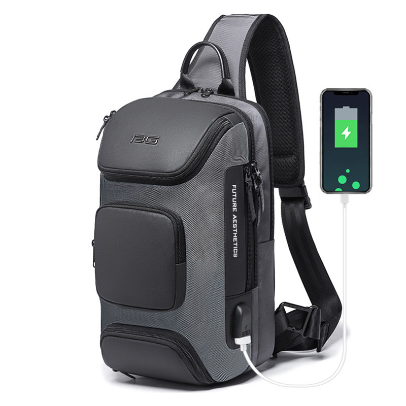 Grey Backpack With Usb Charging Port Waterproof Travel Hiking Outdoor Chest Daypack