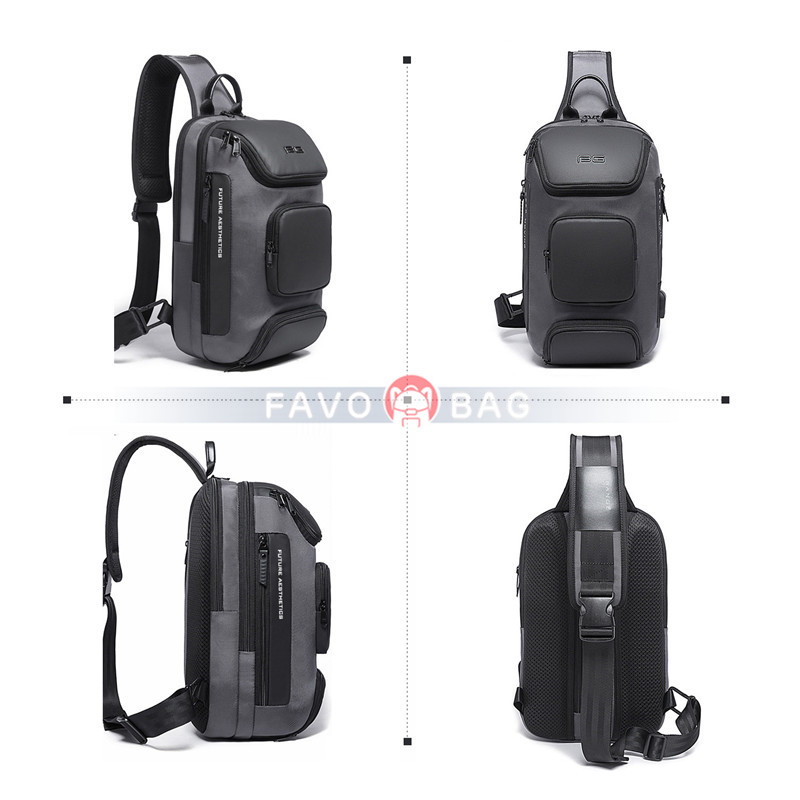 Grey Backpack With Usb Charging Port Waterproof Travel Hiking Outdoor Chest Daypack