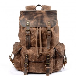 Brown Leather Backpack/Waxed Canvas Shoulder Rucksack For Travel School