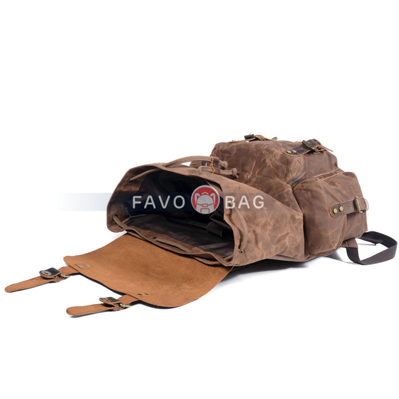 Brown Leather Backpack/Waxed Canvas Shoulder Rucksack For Travel School