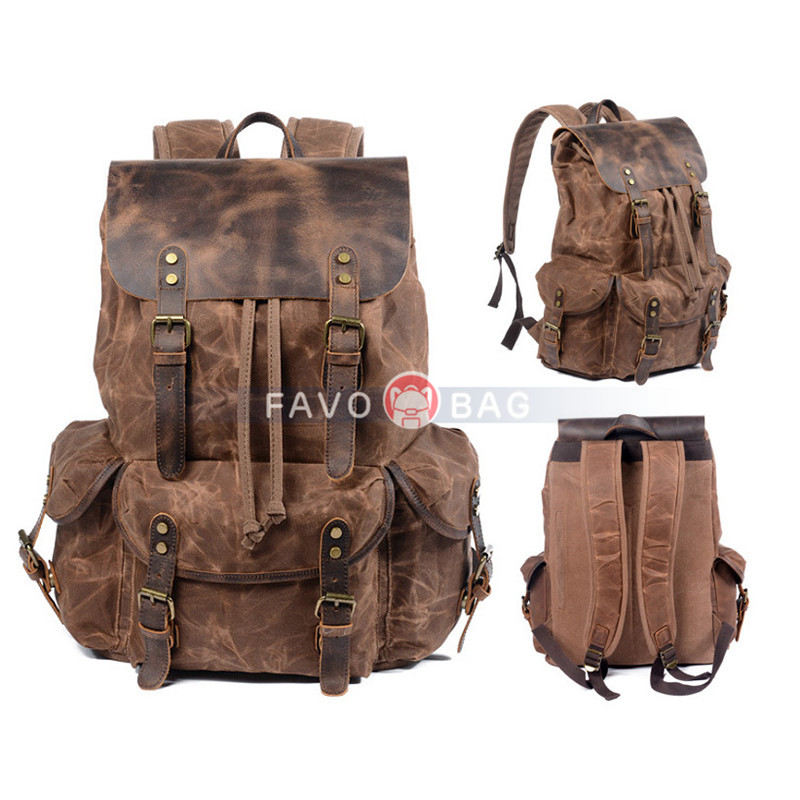 Brown Leather Backpack/Waxed Canvas Shoulder Rucksack For Travel School