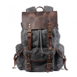 Grey Leather Backpack/Waxed Canvas Shoulder Rucksack For Travel School