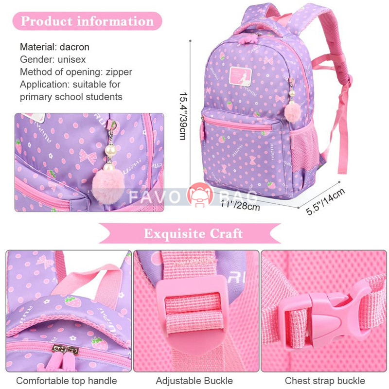 Purple Girls School Backpack Water Resistant Elementary School Bag With Chest Strap