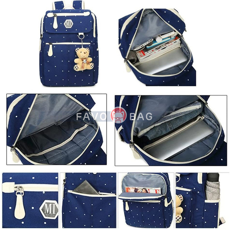 4Pcs Polka Dot Women Canvas Daypack Set With Lunch Bag