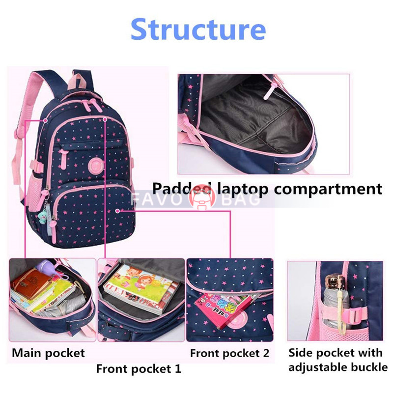 3Pcs Star Prints Waterproof Primary School Backpack Polka Dot Elementary Bookbag