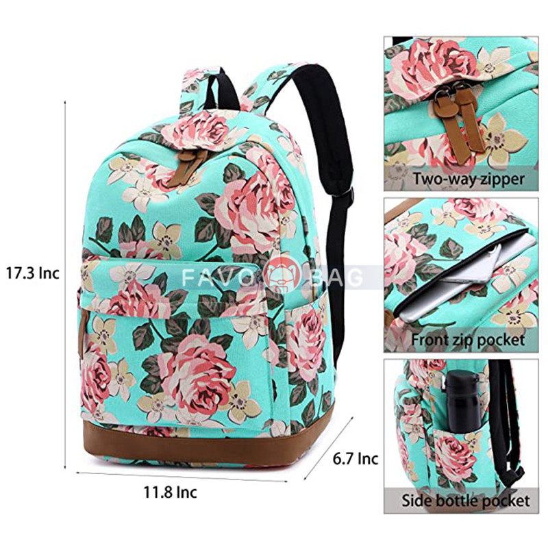 Canvas Floral Backpack Teen Girls Backpacks 3Pcs Set