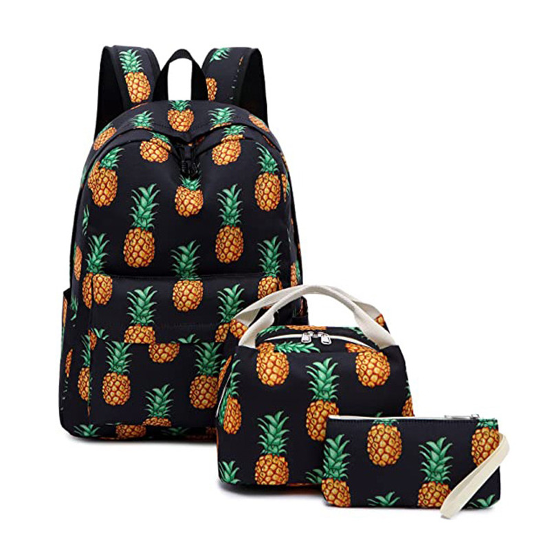 School Backpack Teens Girls Pineapple Black Schoolbag With Lunch Bag