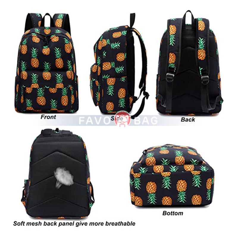School Backpack Teens Girls Pineapple Black Schoolbag With Lunch Bag