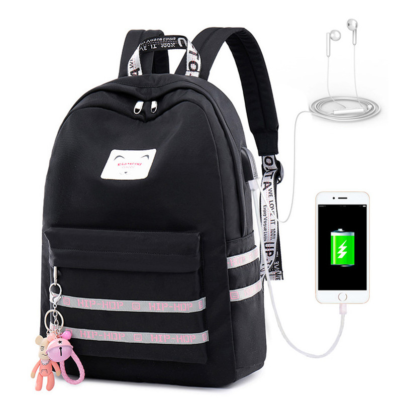 Korean Style Nylon Backpack Girls Waterproof School Bag Travel Bag with Charging Port