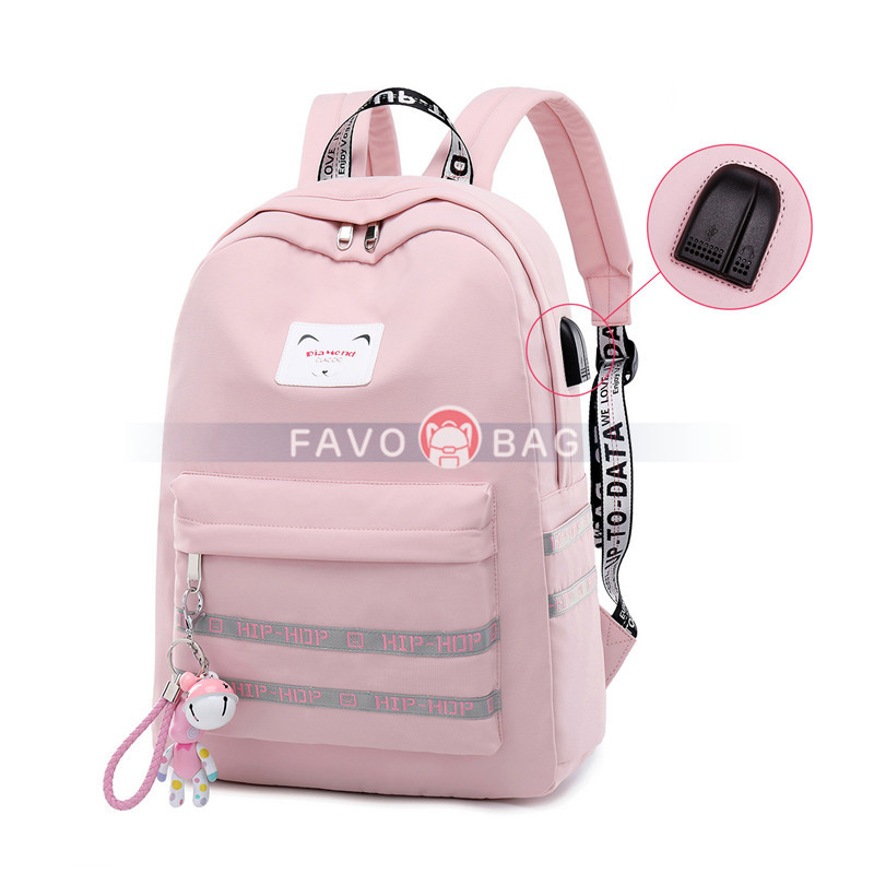 Korean Style Nylon Backpack Girls Waterproof School Bag Travel Bag with Charging Port