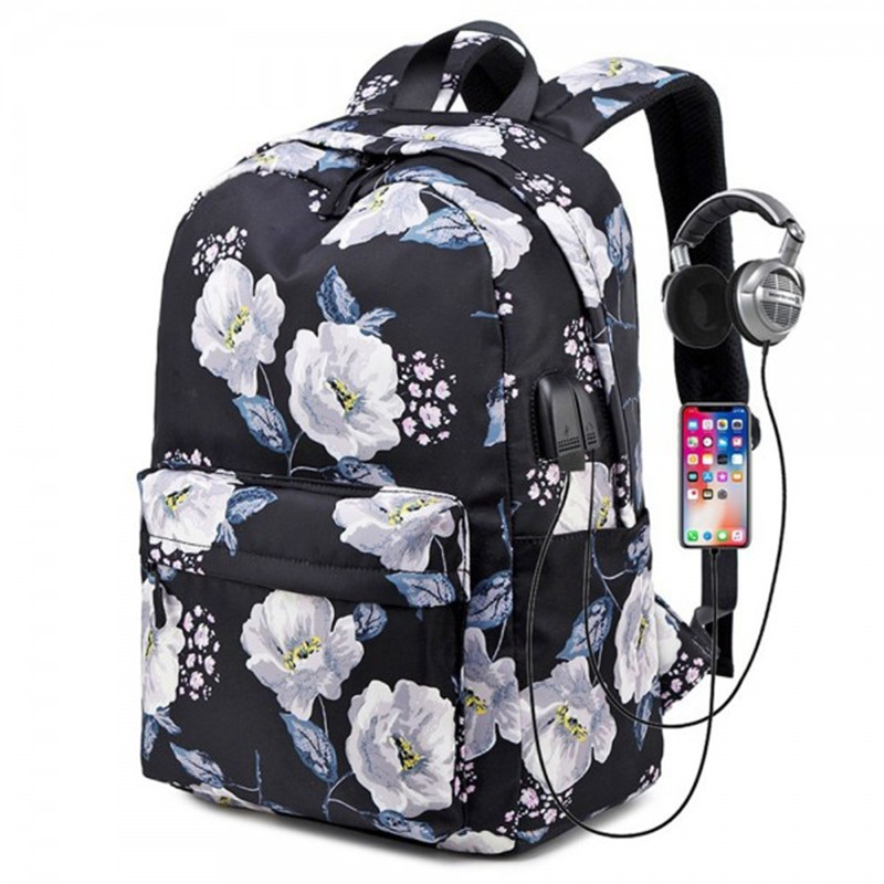 Floral Backpack with USB Charging Port Nylon Durable Outdoor Travel Bag for Girls