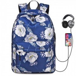 Floral Backpack with USB Charging Port Nylon Durable Outdoor Travel Bag for Girls