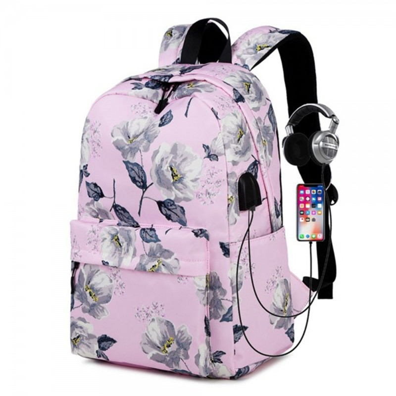 Floral Backpack with USB Charging Port Nylon Durable Outdoor Travel Bag for Girls