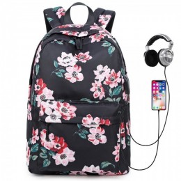 Classical Floral Backpack With USB Charging Port Casual College Travel Bag For Teen Girls