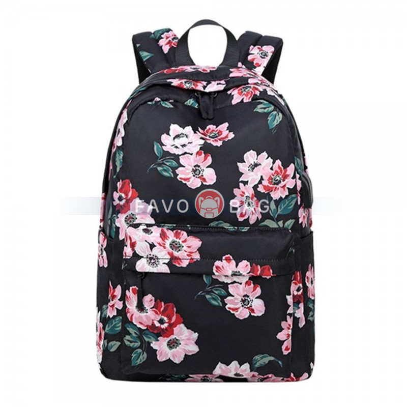 Classical Floral Backpack With USB Charging Port Casual College Travel Bag For Teen Girls