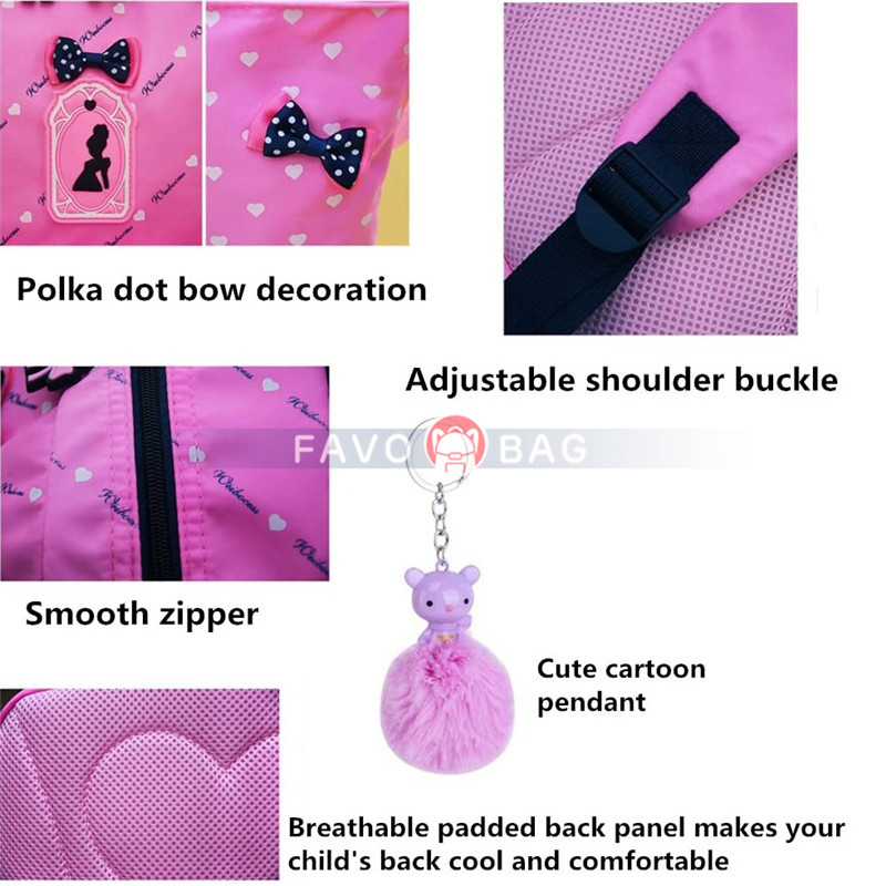Bowknot Primary Schoolbag Daypack Shoulder Bag Girls Rucksack with Lunch box Pencil case