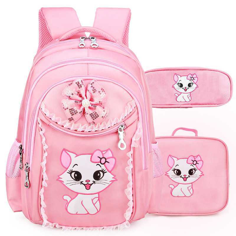 Cat Printing Backpack Princess School Bag Kids Bookbag Handbag Pen Bag Set for Primary Girls 