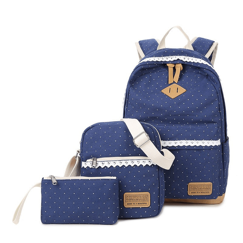 Three-piece Dot Printed Canvas Travel Backpack Girls Schoolbag Shoulder Bag with Pencil Case
