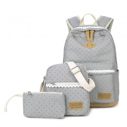 Three-piece Dot Printed Canvas Travel Backpack Girls Schoolbag Shoulder Bag with Pencil Case