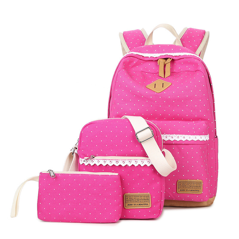 Three-piece Dot Printed Canvas Travel Backpack Girls Schoolbag Shoulder Bag with Pencil Case