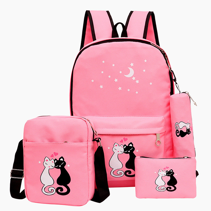 4Pcs Cat Prints Canvas School Rucksack Backpack Set for Girls Elementary Bookbag