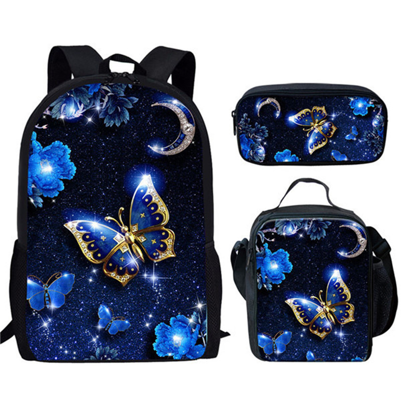 Canvas Backpack Blue Butterfly Children Girls School Book Bags Set With Lunch Bags Pencil Case
