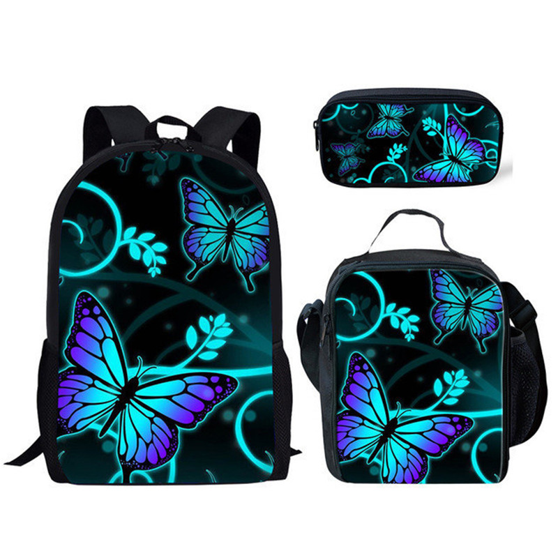 Canvas Backpack Blue Butterfly Children Girls School Book Bags Set With Lunch Bags Pencil Case