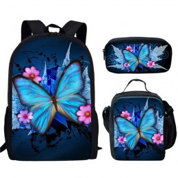 Canvas Backpack Blue Butterfly Children Girls School Book Bags Set With Lunch Bags Pencil Case