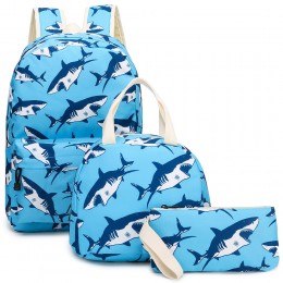 3Pcs Shark Backpack Set With Lunch Box Pencil Case School Book Bag