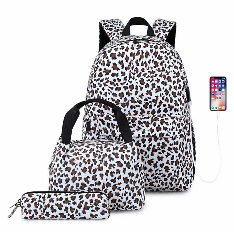 Lightweight Fashion Printing Canvas Backpack Set For School Girls With Usb Charging Port