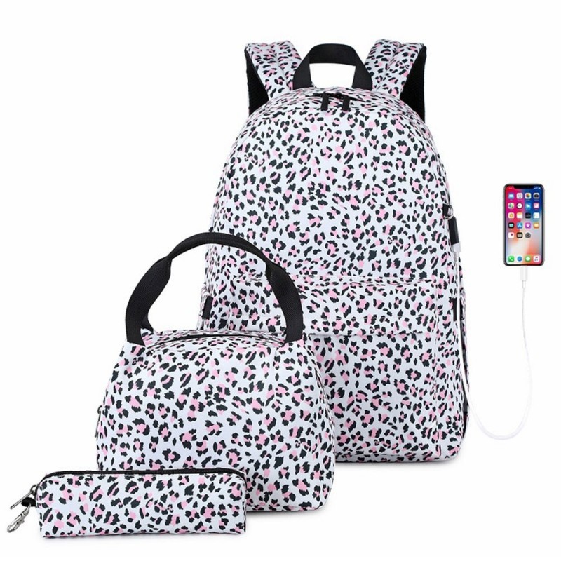 Lightweight Fashion Printing Canvas Backpack Set For School Girls With Usb Charging Port