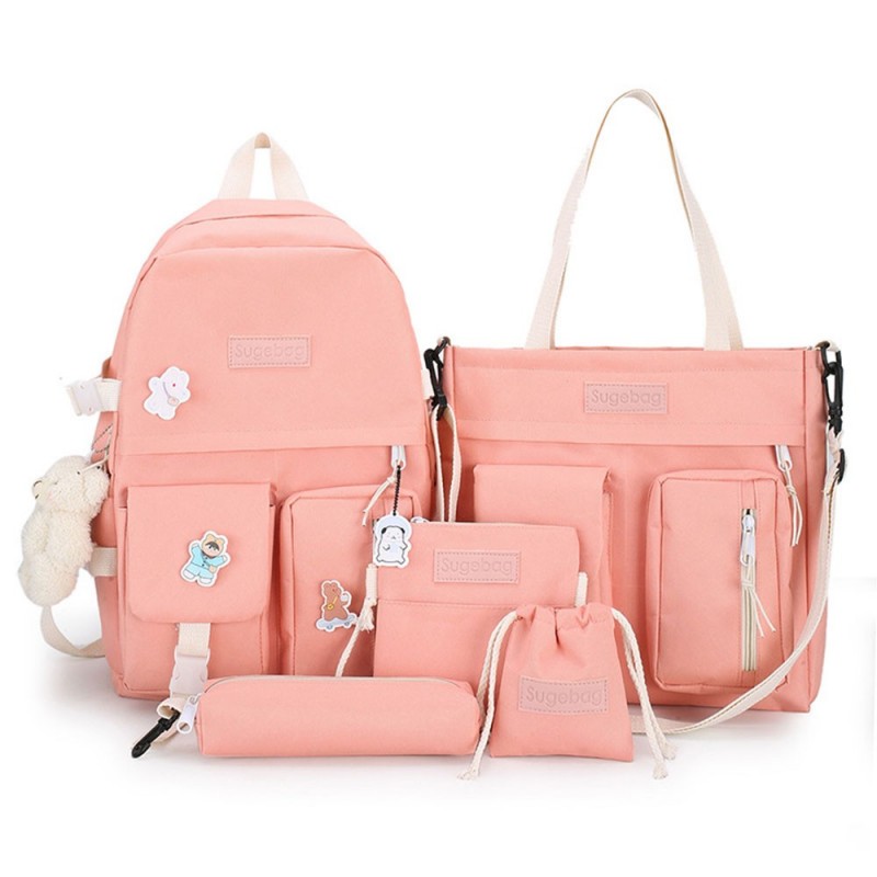 5 Pieces Cute Girls Backpack Set Classical Canvas Bookbag Shoulder Bag With Wallet