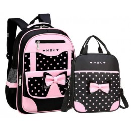 2Pcs Bowknot Wave Point Prints Kids Primary  School Backpack Sets for Girls