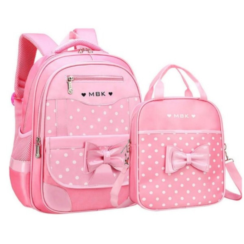2Pcs Bowknot Wave Point Prints Kids Primary  School Backpack Sets for Girls