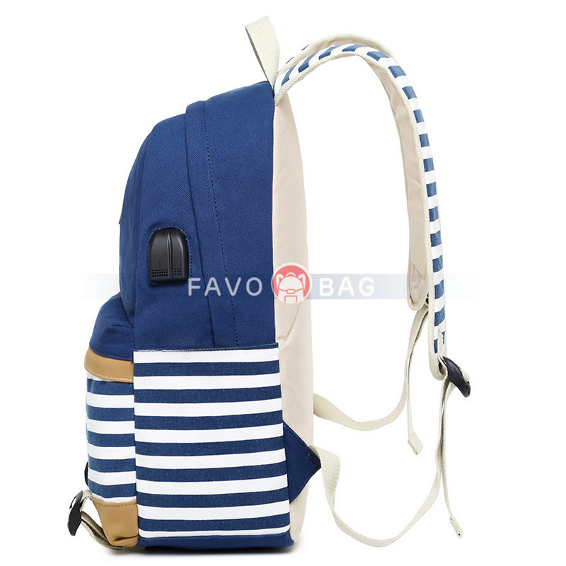 Blue School Backpack Canvas Bookbag Laptop Backpack With Usb Charger Port Travel Daypack