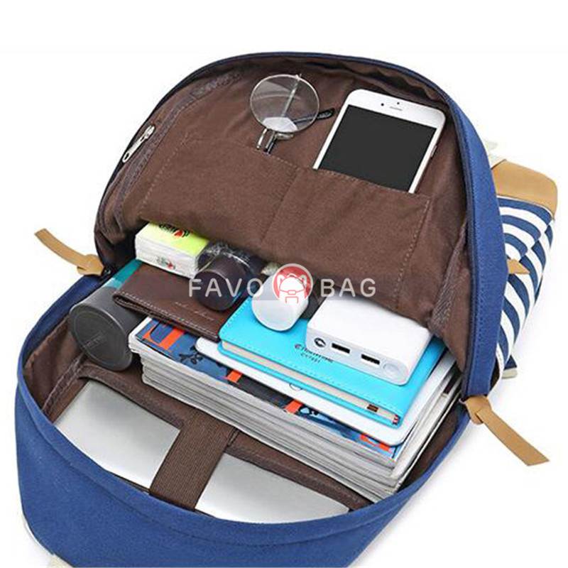 Blue School Backpack Canvas Bookbag Laptop Backpack With Usb Charger Port Travel Daypack
