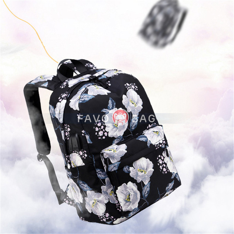 Blue Floral Backpack With Usb Charging Port Nylon