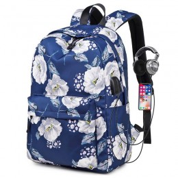 Blue Floral Backpack With Usb Charging Port Nylon