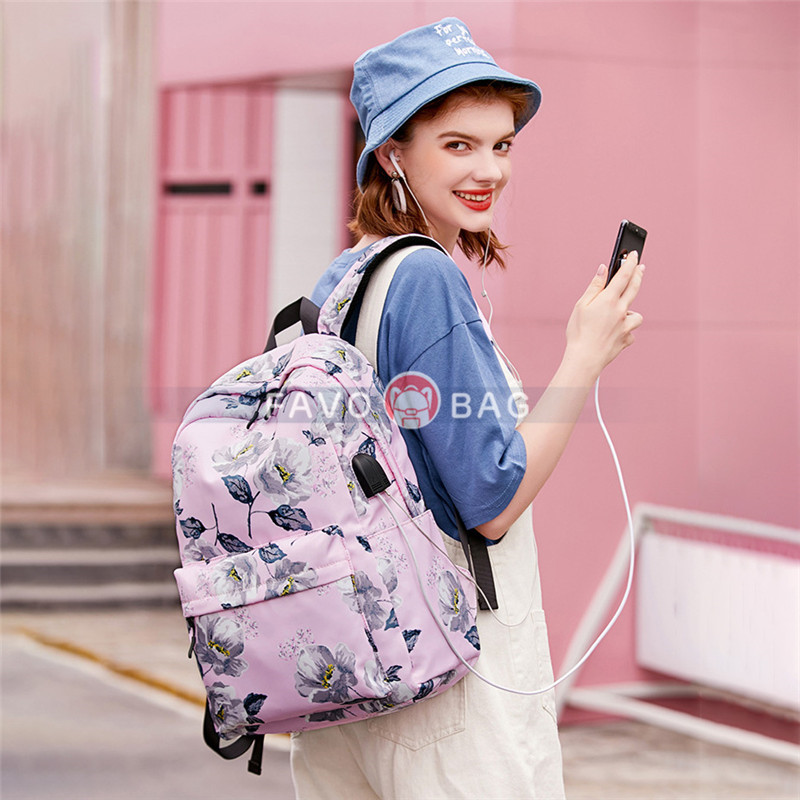 Blue Floral Backpack With Usb Charging Port Nylon