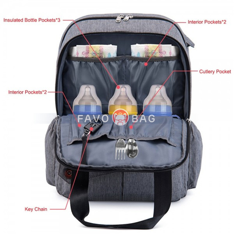 Grey Big Diaper Bag Durable Oxford Nappy Backpack Handbag with Changing Pad
