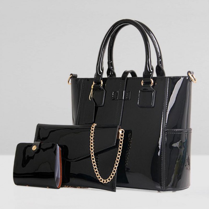 Women's 3pcs Handbags Patent Leather Shoulder Bag Large Capacity Tote Bag