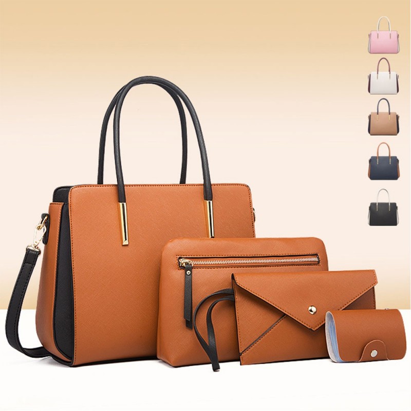 4 Pics Hangbag Set for Women Color Matching Design One Shoulder Bag Crossbody Bag Wallet