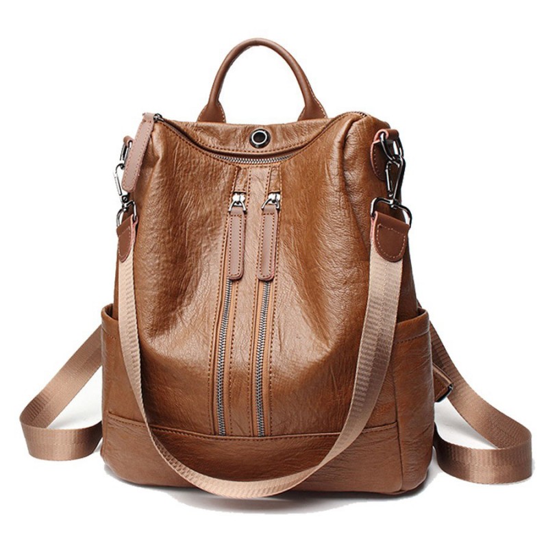 Women PU Backpack Double Zippers Travel Handbag