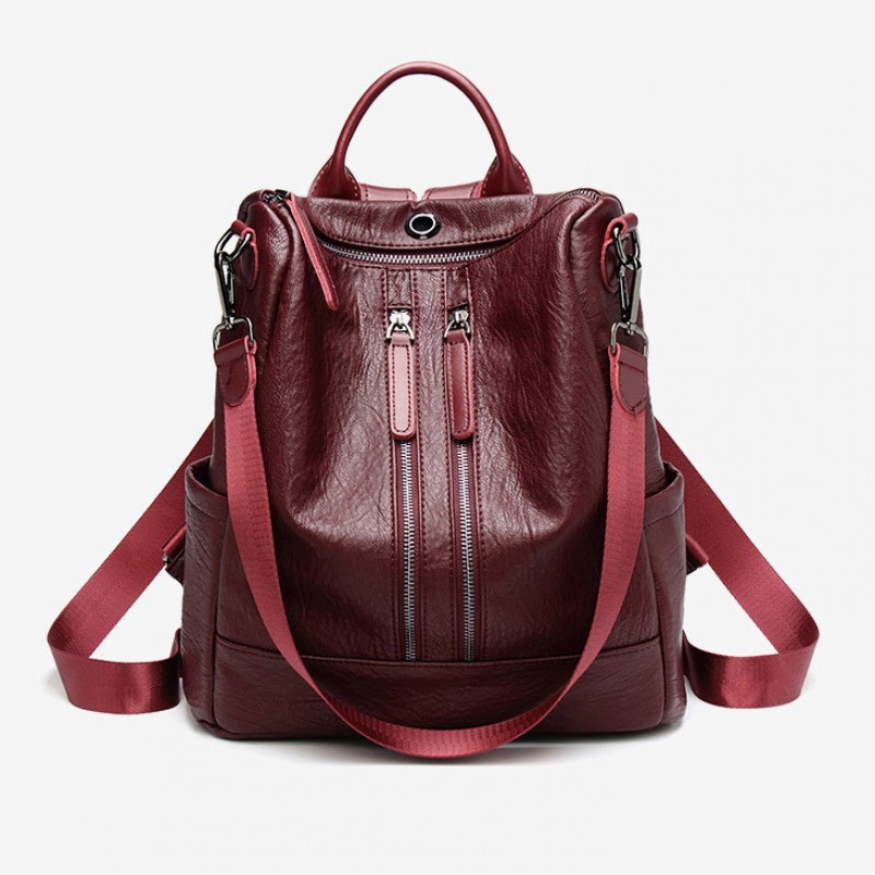 Women PU Backpack Double Zippers Travel Handbag