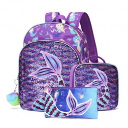  3PCS Kids Backpacks for Girls 16" Little Kid Mermaid Sequin Preschool School Bookbag and Lunch Box